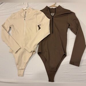 Elegant Cream and Brown Women's Ribbed Bodysuits
